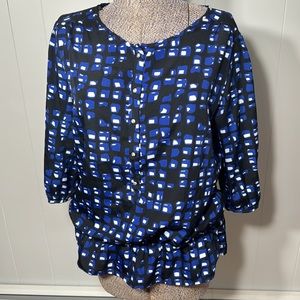New York & Company Womens Large Blue Black White Blouse Mid Length Sleeve